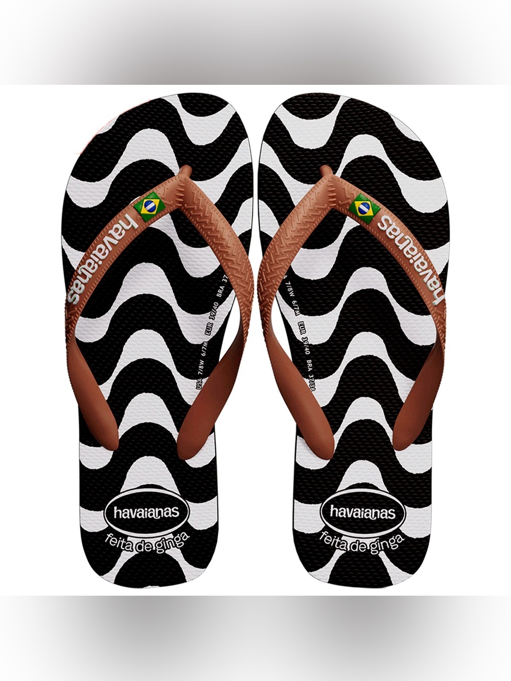 Havaianas Black & White Wave Flip Flops with Brown Straps